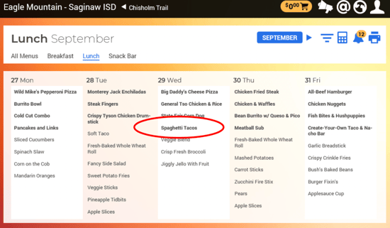 One week of menu options featuring Spaghetti Tacos